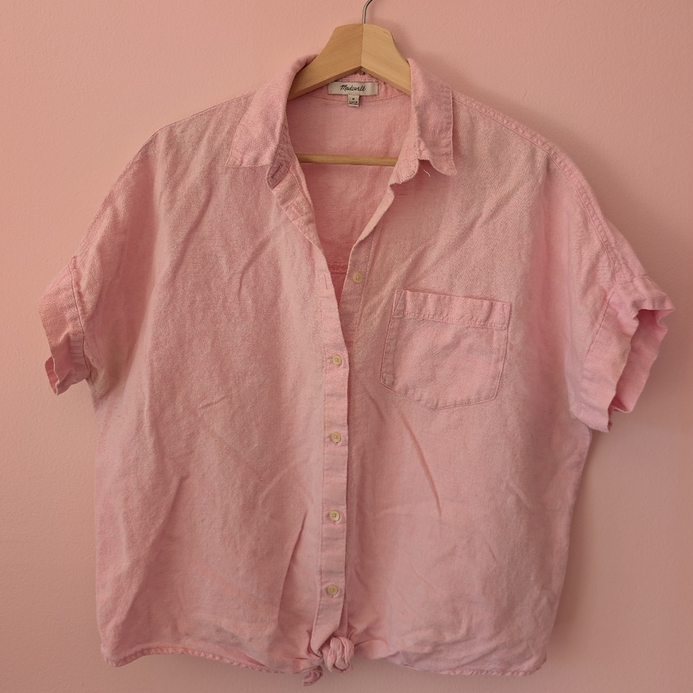 Gently Used Madewell Linen Front-tie Button Up In Light Pink Size Medium